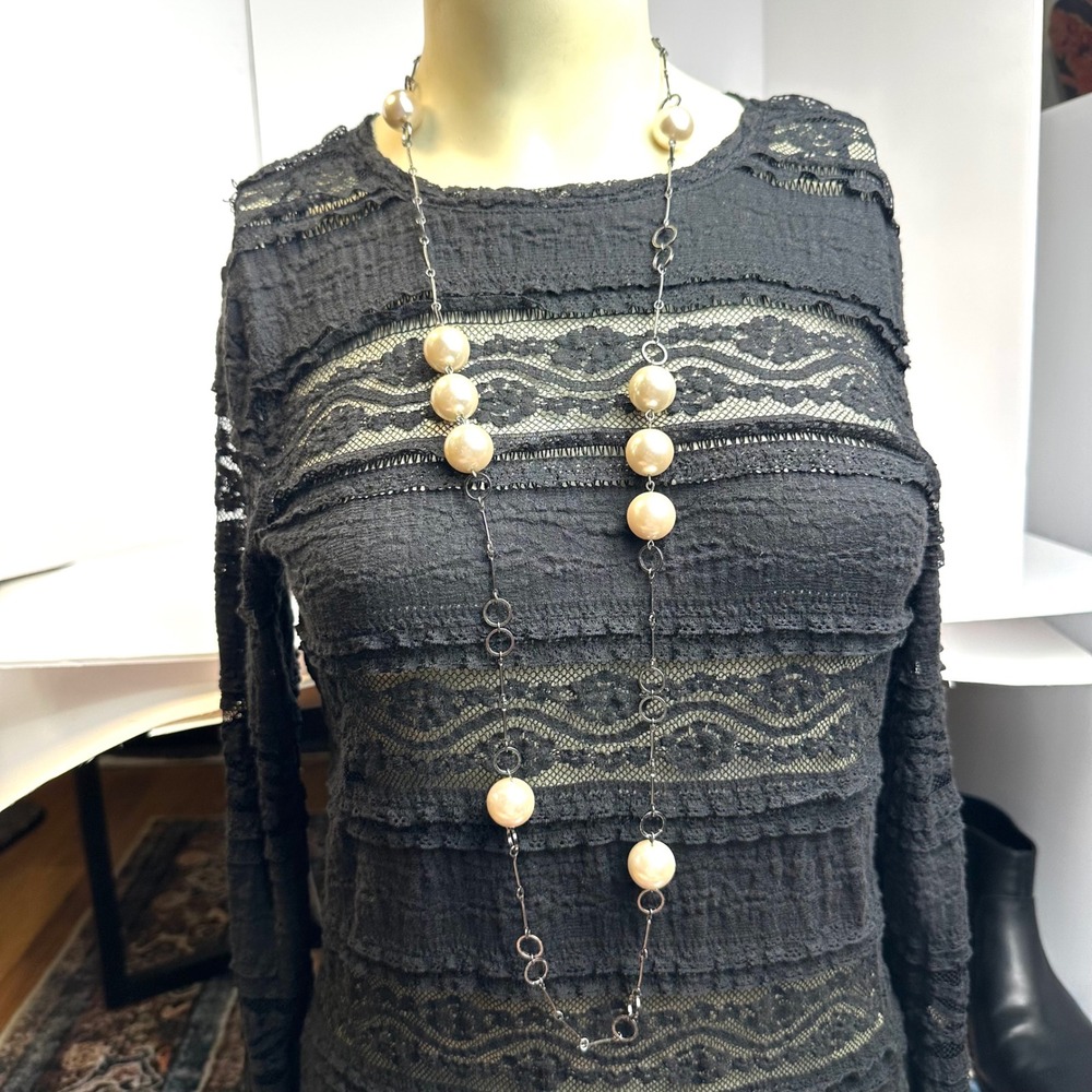 Long Silver Tone Faux Pearl Station‎ Necklace Cream Oversized Beads 36"Flapper